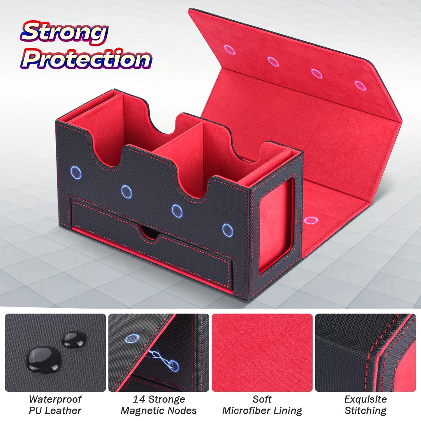 PUKYO MTG Deck Box for 320+ Cards, Leather Commander Box with Dice Tray, 4 Dividers, Black&Red - Perfect for TCG/CCG Collectors