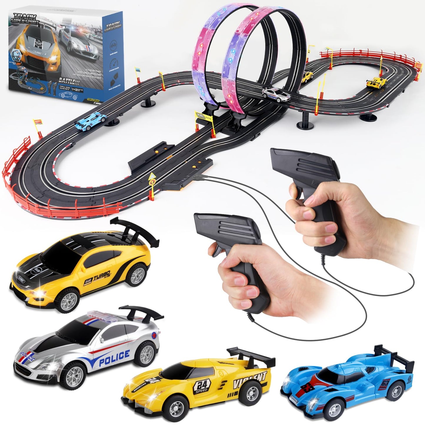 Slot Car Race Track Sets, 19Ft Electric Track With Led Lights And 4 Slot Cars, 2 Hand Controller And Racing Game Lap Counters, Race Track Set Features A Loop, Turns, And A Crossover For Boys Age 6-12