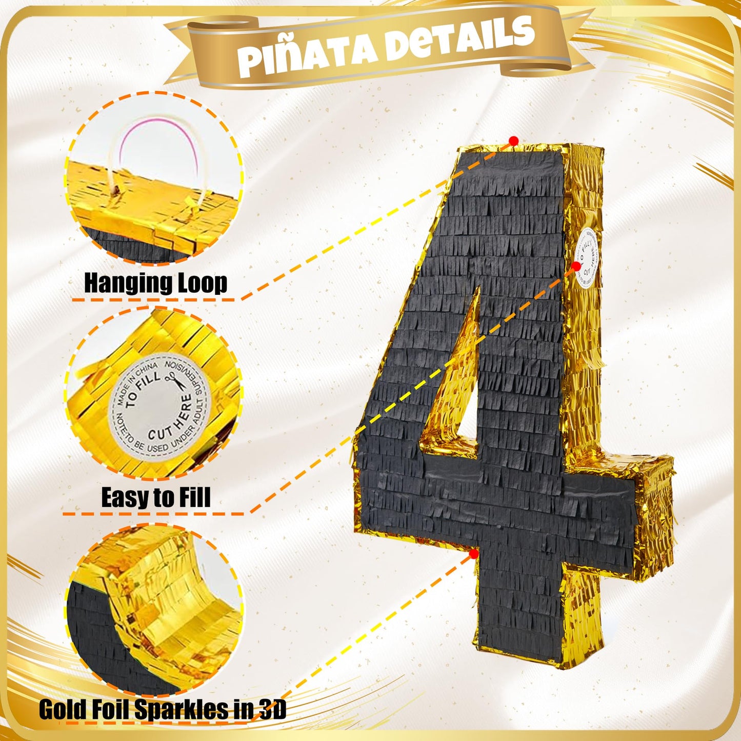 PCFING 20 Inch Number 4 Piata Gold Black with 30 Inch Piata Stick Blindfold Confetti for Man Women Kids Birthday Party Decoratio