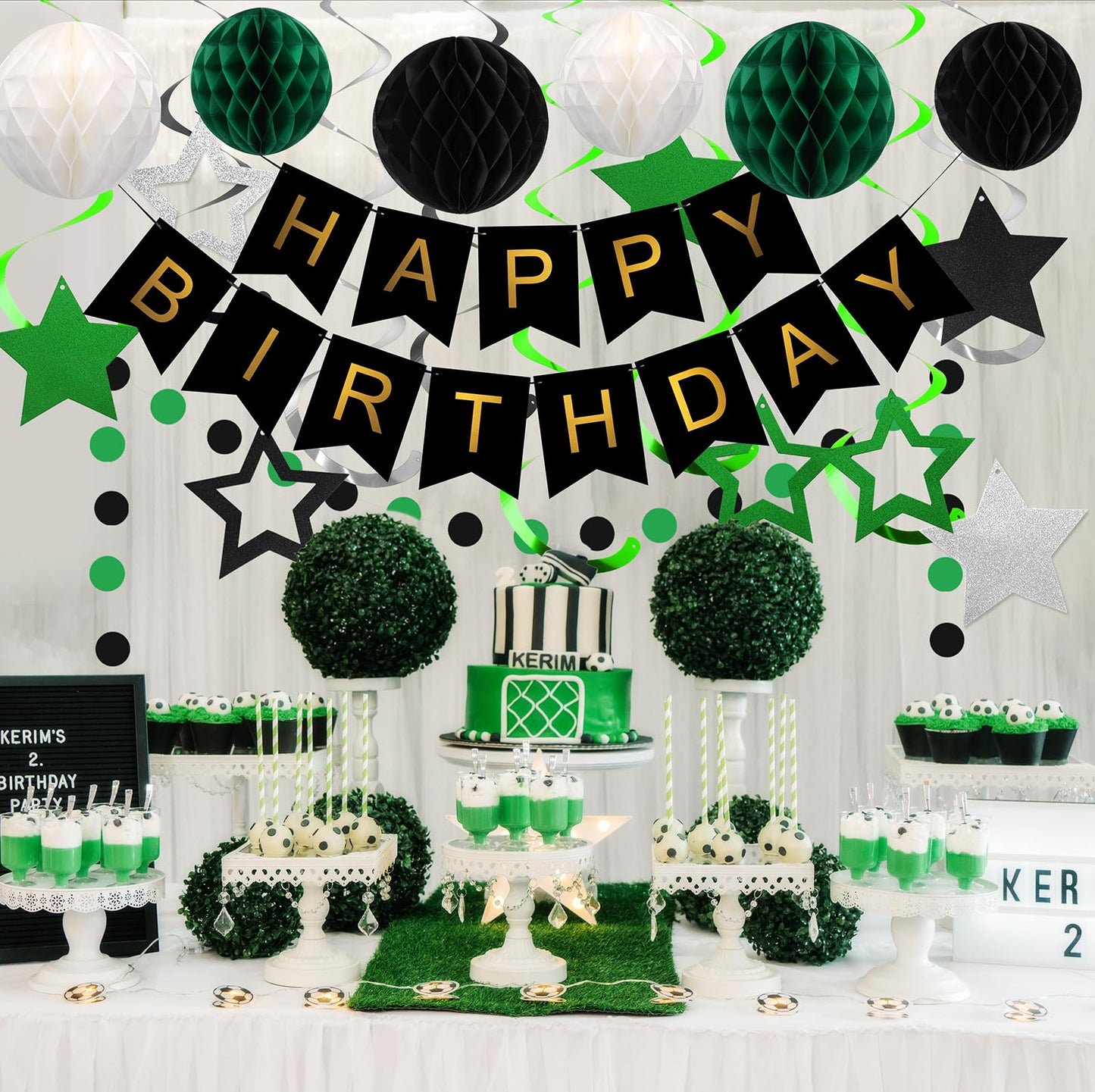 Meowtastic Birthday Decorations, Happy Birthday Banner With Honeycomb Balls, Star Hanging Swirl Streamer, Circle Dot Garland, Happy Birthday Party Decorations For Women Men Boys Girls (Green & Black)