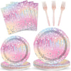 Qyeahkj 100Pcs Iridescent Diamond Birthday Party Plates Napkins Forks Supplies Set Holographic Tableware Party Supplies Gem Ston
