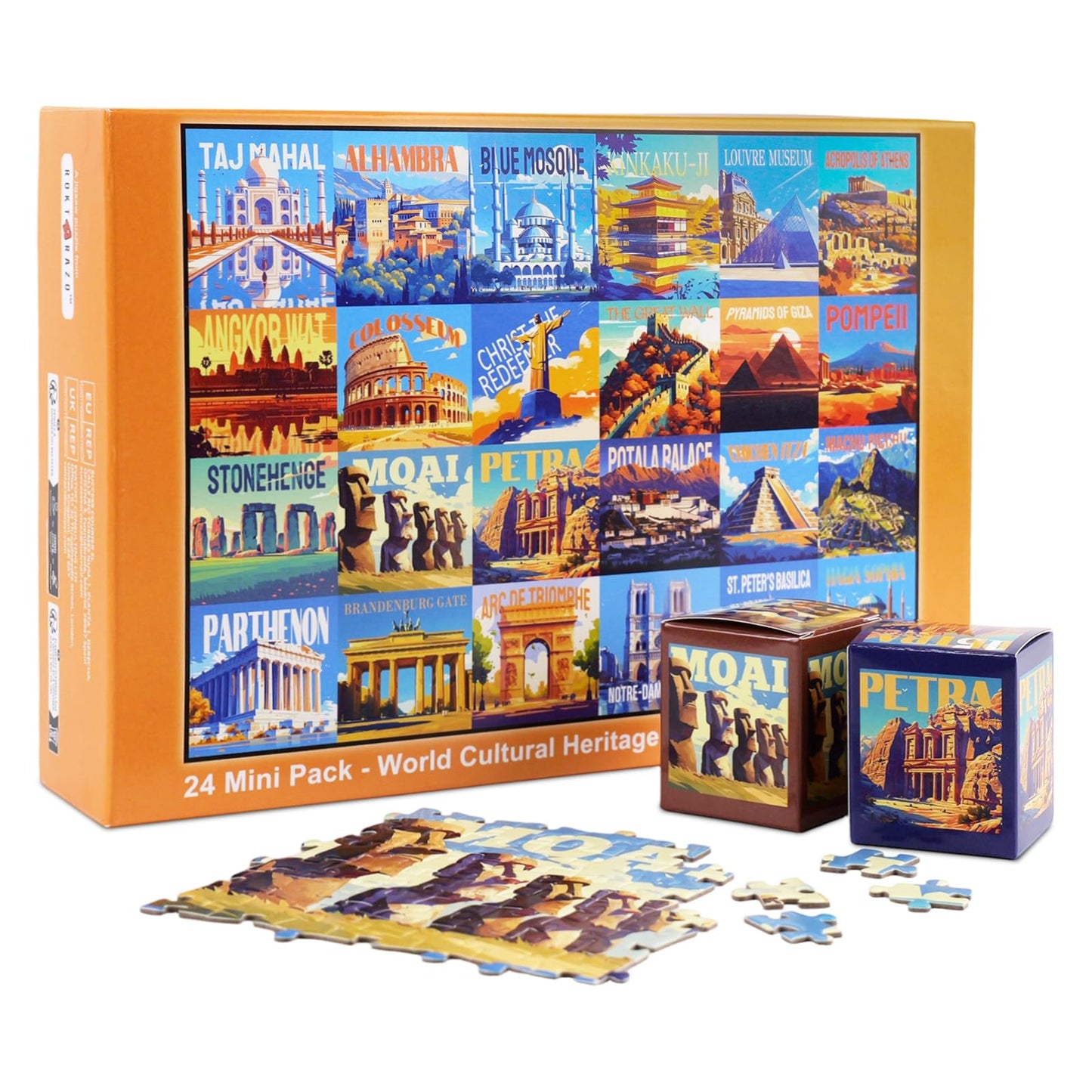 rokt&razo, World Heritage, 24 Mini Pack Jigsaw Puzzles, 1000 Pieces Daily Challenge Pack with Reference Poster, Advent Calendar,