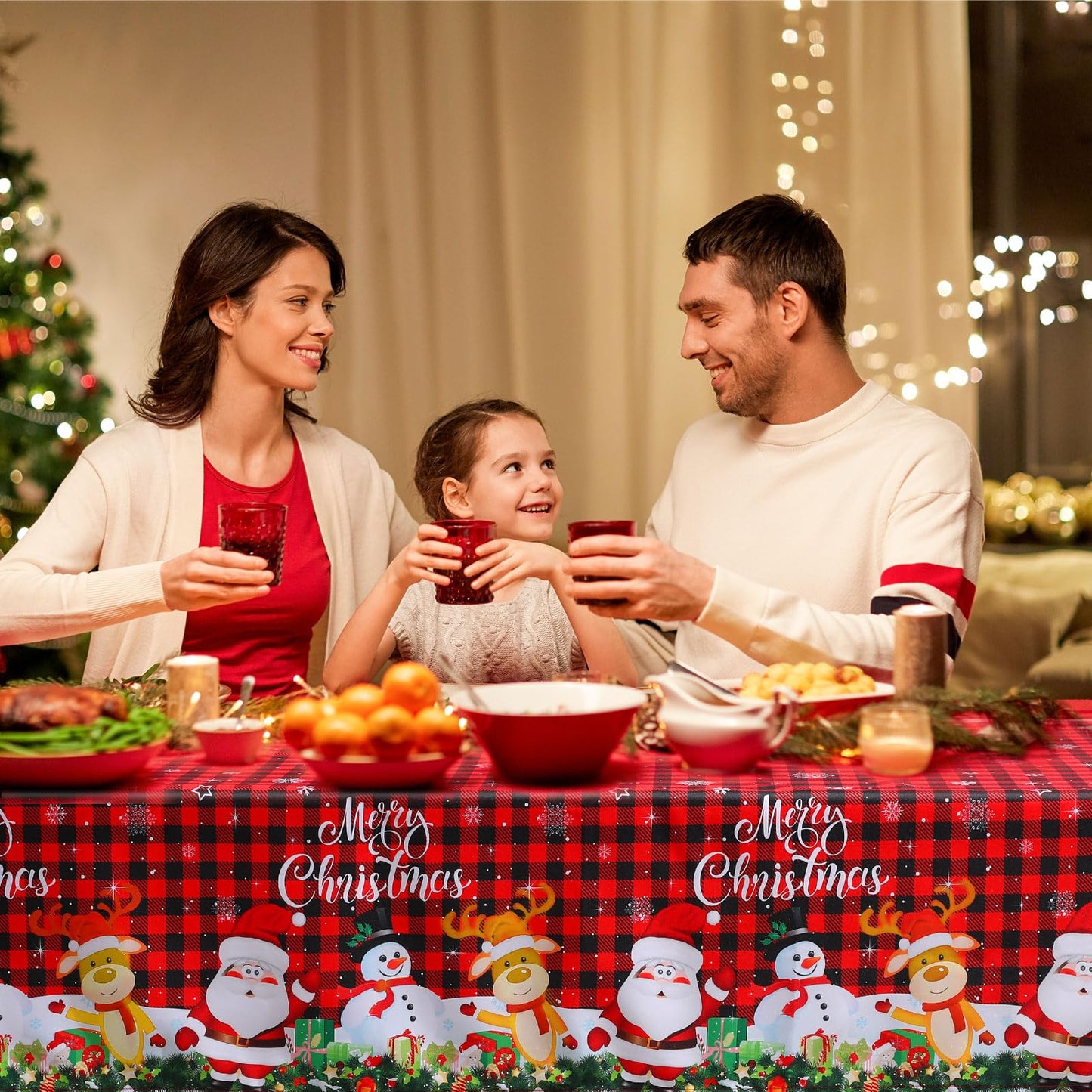 Tiamon Fabric Christmas Tablecloth Table Cover for Rectangle Table, Washable Snowman Santa Claus Table Cloth Decorations for Xma