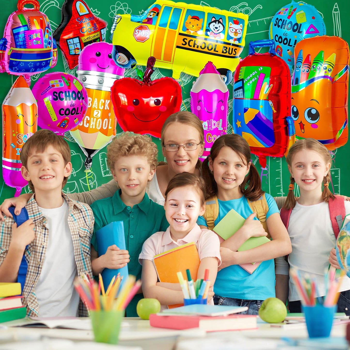 20 Pcs Back To School Balloons, Colorful School Bus Balloons Pencil Apple Crayon Foil Balloon, Red Yellow Mylar Helium Balloons