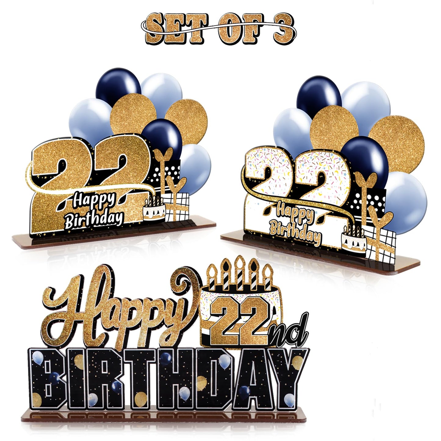 Lingteer Happy 22Nd Birthday Gold Acrylic Table Topper Centerpieces Set - Cheers To 22 Years Old Birthday 22Nd Bday Party Gift Decorations.