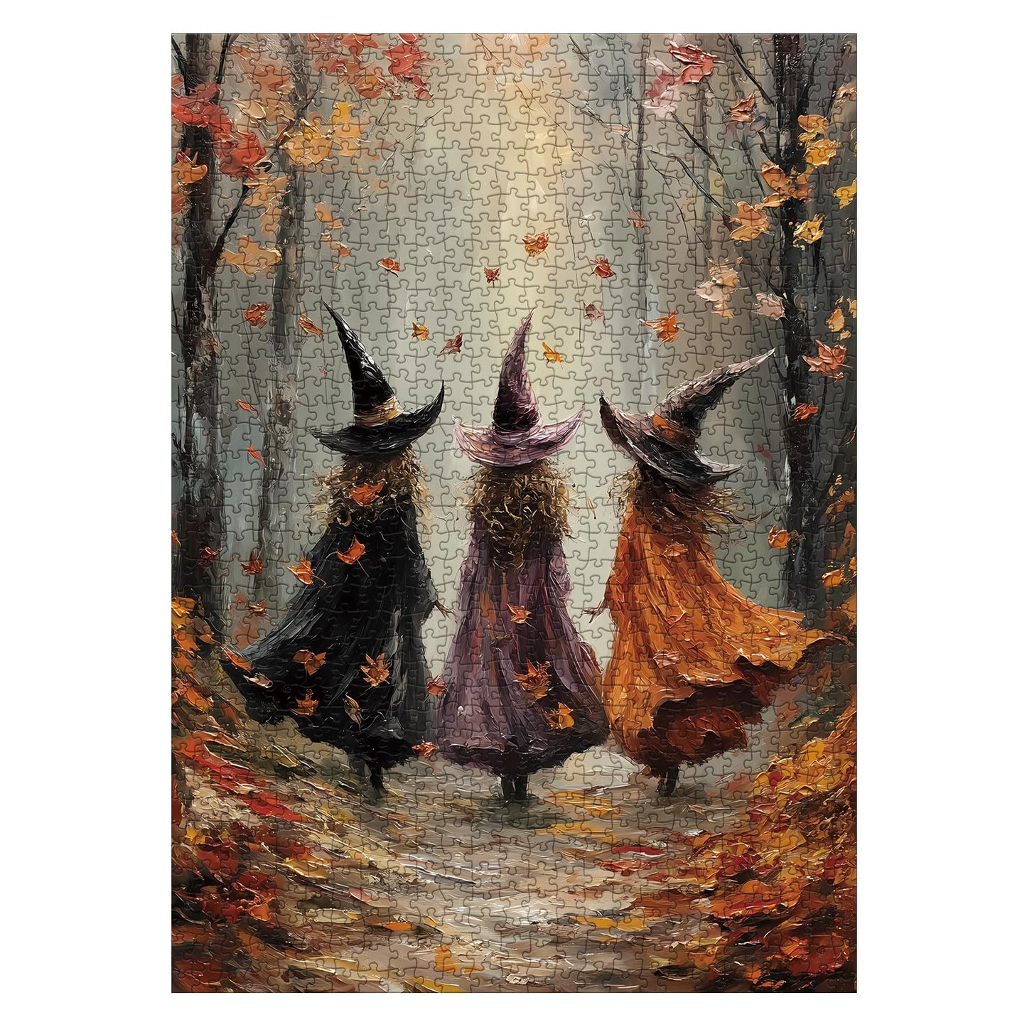 Fall Witch Painting Puzzles for Adults 1000 Pieces Nature, Halloween Autumn Forest Art Jigsaw Puzzles, Magic Women Aesthetic Pla