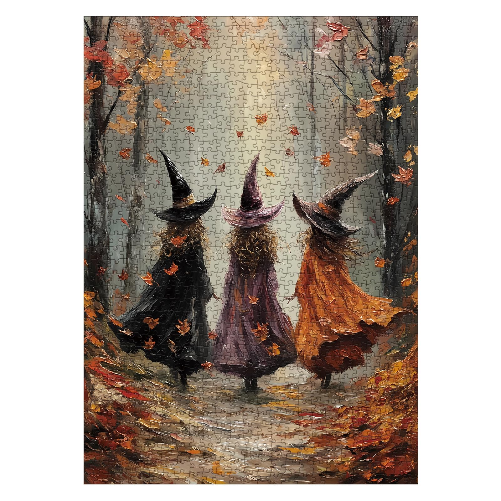 Fall Witch Painting Puzzles for Adults 1000 Pieces Nature, Halloween Autumn Forest Art Jigsaw Puzzles, Magic Women Aesthetic Pla