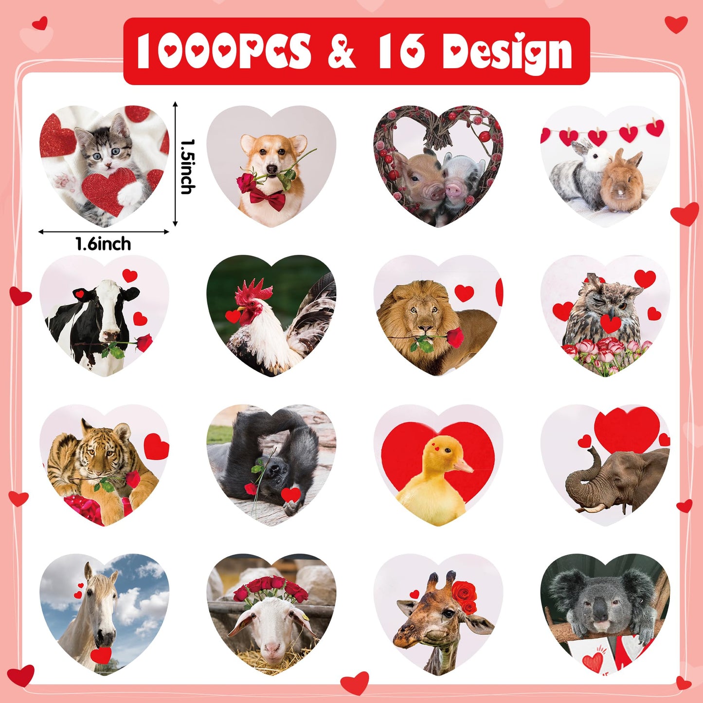 Beyumi 1000Pcs Valentine'S Day Realistic Animal Stickers In 2 Rolls For Kids Valentine Animal Heart Decals Waterproof Vinyl Labels For Greeting Card Envelope Scrapbooking Party Decor Gift Girls Teens