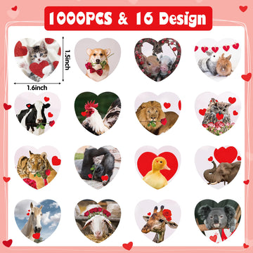 Beyumi 1000Pcs Valentine'S Day Realistic Animal Stickers In 2 Rolls For Kids Valentine Animal Heart Decals Waterproof Vinyl Labels For Greeting Card Envelope Scrapbooking Party Decor Gift Girls Teens