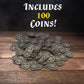 CASEMATIX Metal Coins and Pouch for Tabletop RPG Board Games - 100 DND Coins Fantasy Coins with Dragons & decorative replica blade and Shield Engraving  Metal Tokens for Board Games with PU Leather Bag