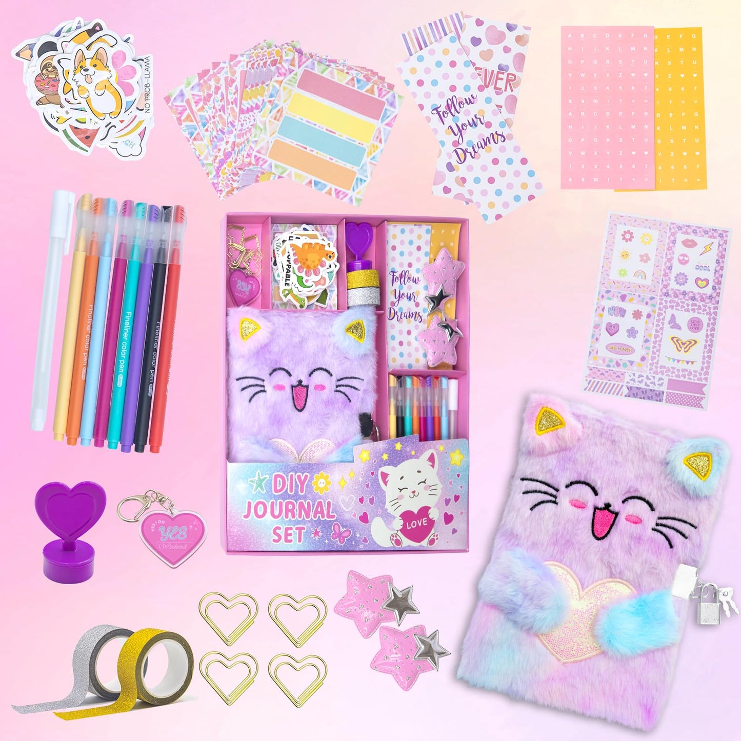 HoomTop DIY Cat Journal Kit Kids Diaries with Lock for Girls Ages 6 7 8 9 10 11 12 14 Birthday Christmas Gifts