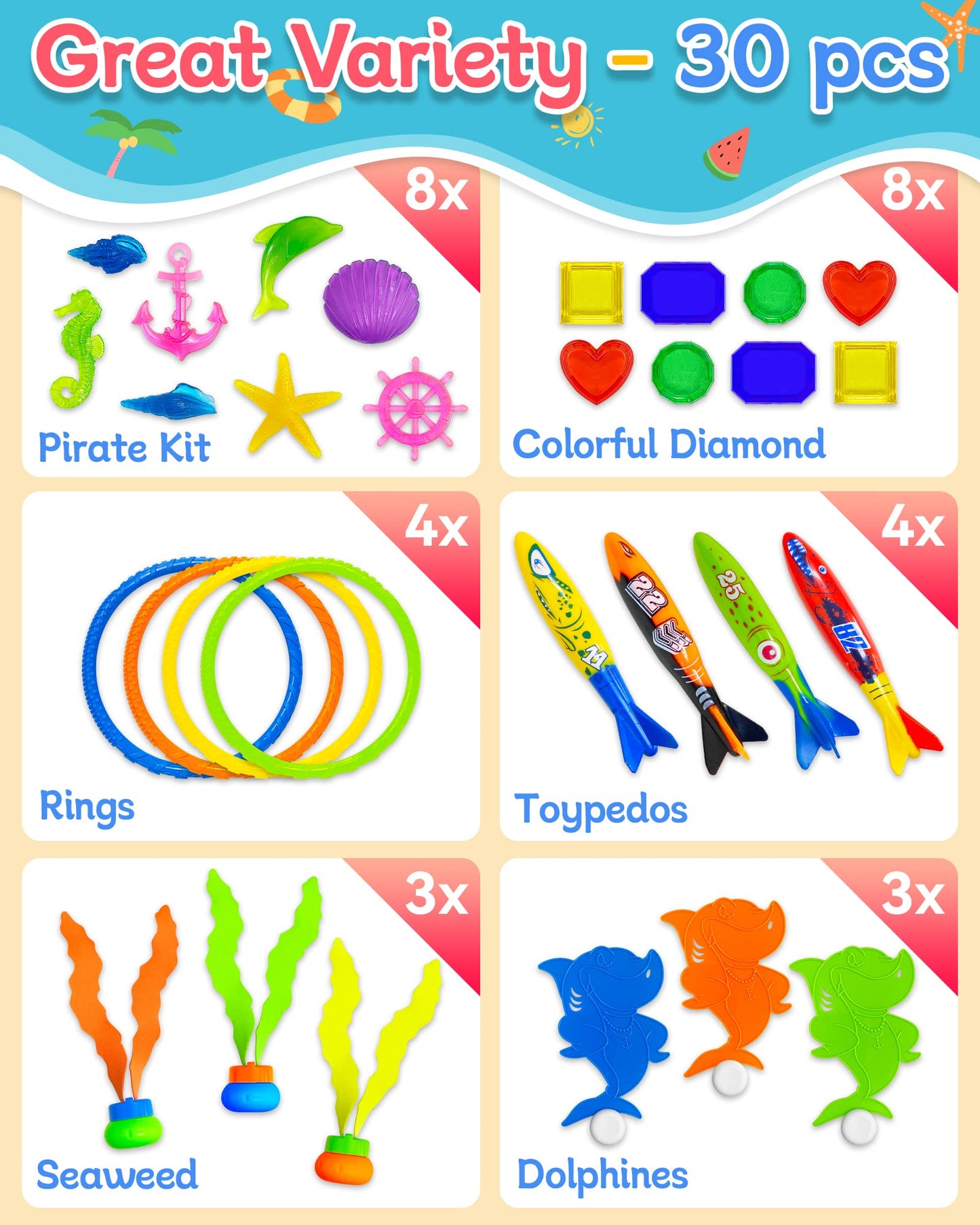 Yetonamr 30 Pcs Pool Toys For Kids Ages 3-5, 4-8, 8-12, Pool Games Diving Toys Swimming Pool Toys Sets With Storage Bag Toddler Gifts Pool Bath Toys Water Swim Toys For Boys Girls