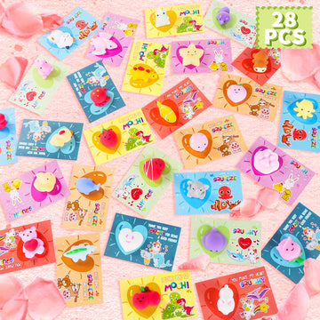 28 Packs Valentines Day Gift Cards with Cute Kawaii Mochi Squishy to Squeeze for Kids School Classroom Valentines Exchange Greet