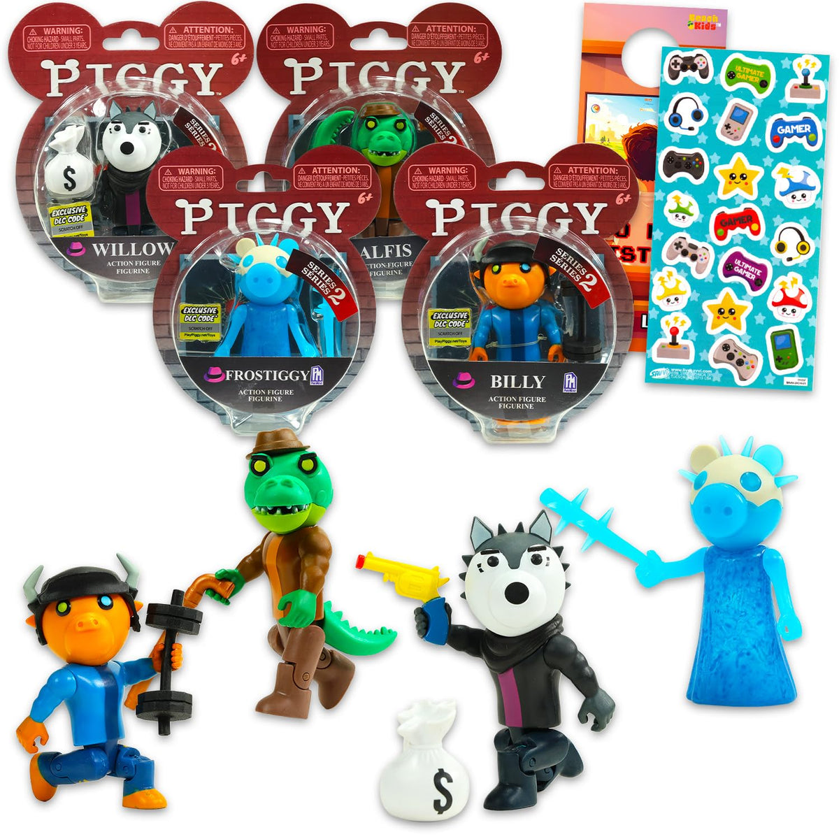 Piggy Action Figure 4 Pack  Bundle with 3.5 Figurines of Alfis, Billy, Frostiggy, Willow for Men and Women Plus Stickers | Pig
