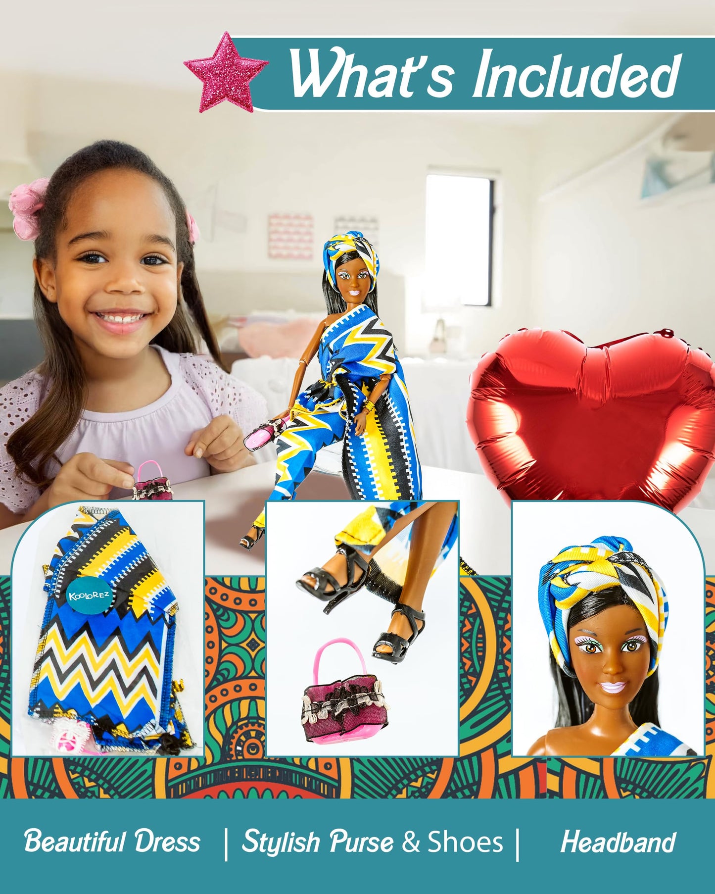 KOOLOREZ: Aisha - Our Queens Black Doll Set - Brown/Black Afro Doll w/Movable Joints - Lovely 12.5 Dark Skin & Diversity Dolls - Vinyl Dolls for Girls with African Heritage Style Outfit