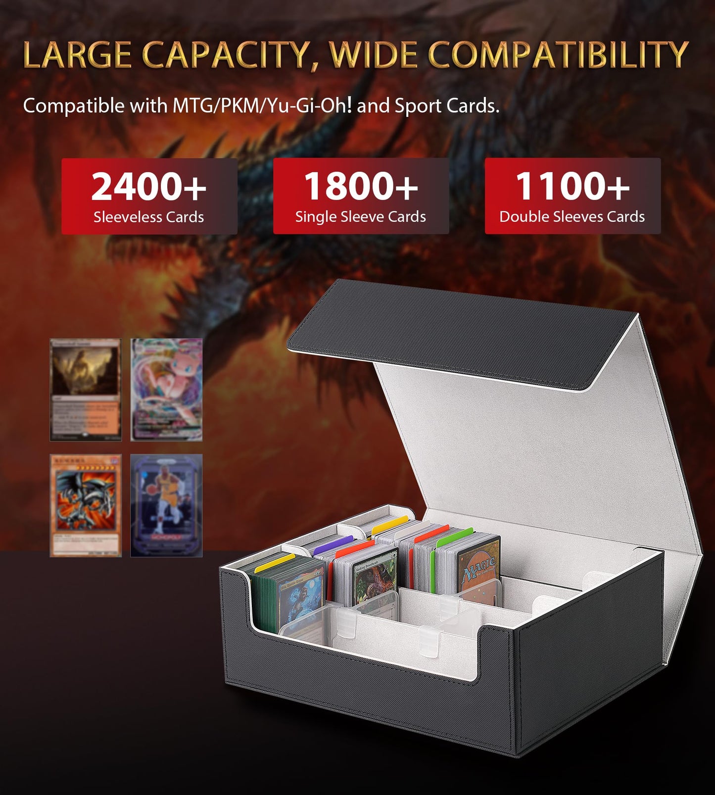 Newloop Trading Card Storage Box - 2400+ Card Deck Case For Magic The Gathering Pokemon Yugioh Sports Cards, Leather Mtg Command