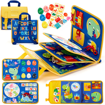 Hahaland Toddler Toys Busy Board 1-4, Montessori Toys For Ages 2-4, Boy Birthday Gift 18 In 1 Preschool Learning Activities With 12 Life Skills-Numbers,String Beads,Shapes,Colors,Puzzles,Alphabet