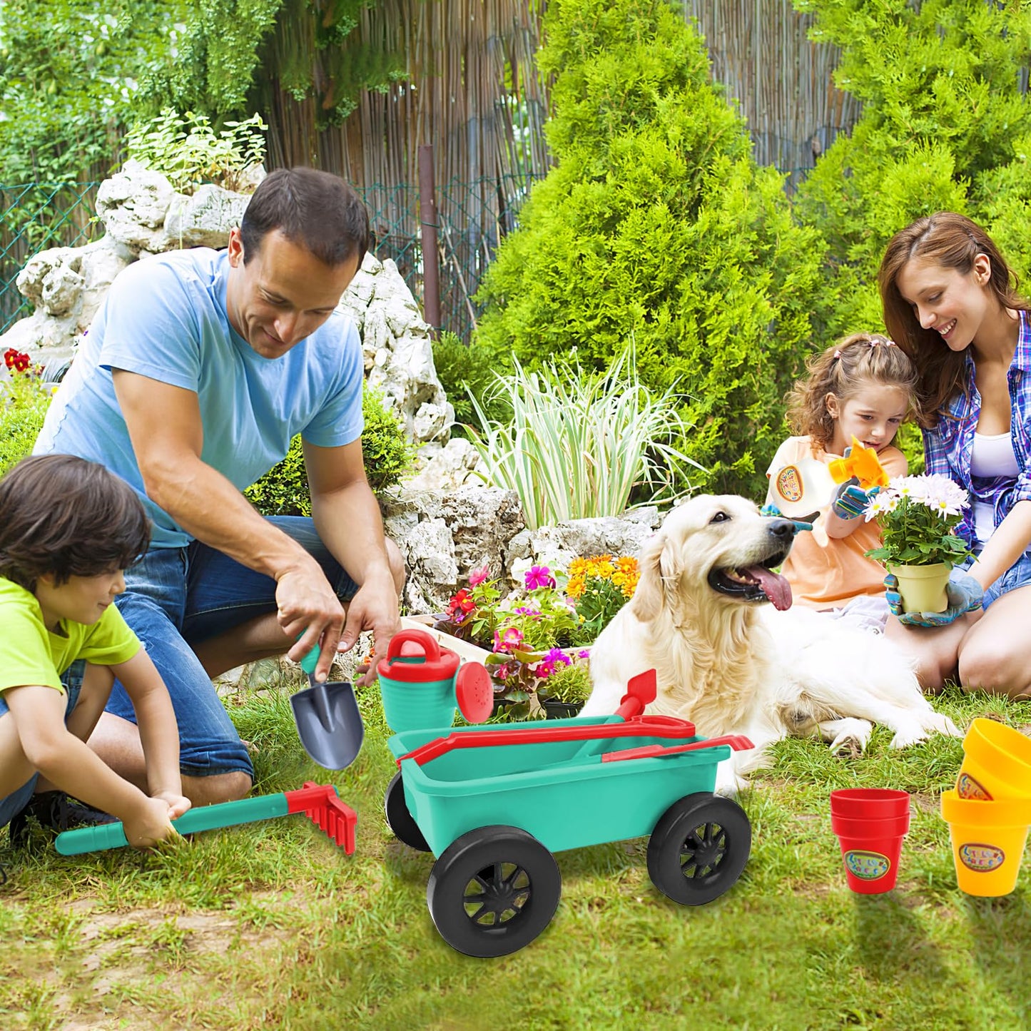 Deao Kids Garden Wagon Wheelbarrow And Gardening Tools Play Set Includes 10 Accessories And 4 Plant Pots,Great Outdoor Toddler T