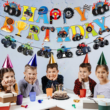 Zwiebeco Birthday Party Decoration Supplies Colorful Happy Birthday Sign Banner Trucks Off-Road Vehicles Banner Hanging Paper Ba
