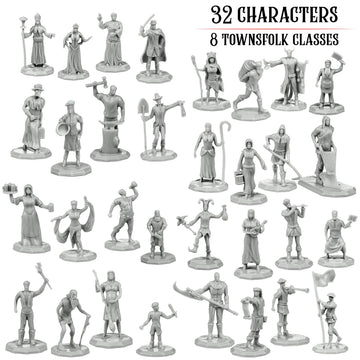 Townsfolk Mini Fantasy Figures Non Player Characters NPC - 32 Unique Miniatures - Nobility, Merchants, Peasants, Entertainers -