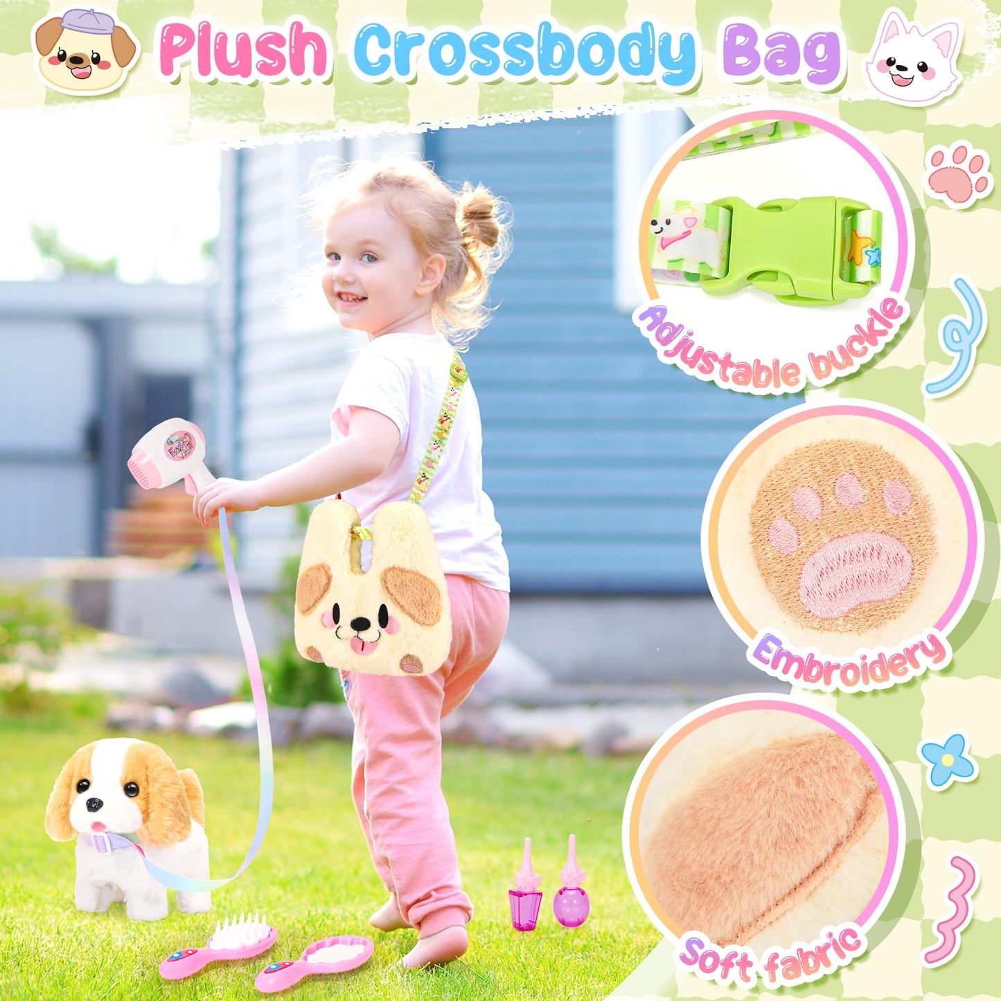 Ninaor Plush Dog Toys For Kids With Crossbody Bags, Puppy Robot Dog With Leash Walking Barking Tail Wagging, Pretend Play Pet Ca