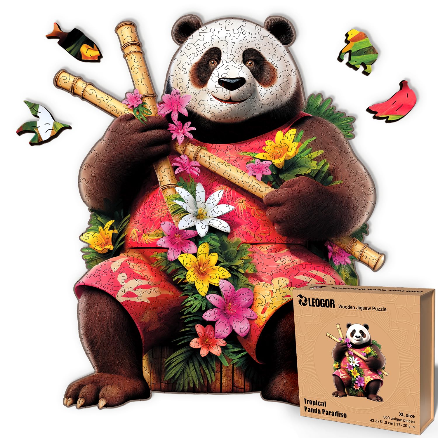 Tropical Panda Paradise - 500 Piece Wooden Puzzles for mature-themeds - 17 x 20.3 in - Extra-Thick 5 mm Wood Puzzle  Hand-Drawn Pieces  Animal Shaped XL Design - enhanced Gift for Puzzle Lovers by LEOGOR
