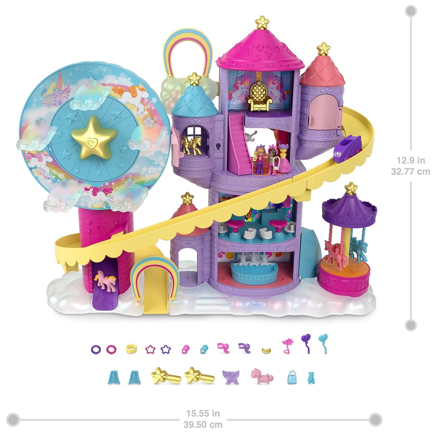 Polly Pocket Rainbow Funland Theme Park, 3 Rides, 7 Play Areas, Polly And Shani Dolls, 2 Unicorns & 25 Surprise Accessories (30 Total Play Pieces), Great Gift For Ages 4 Years Old & Up
