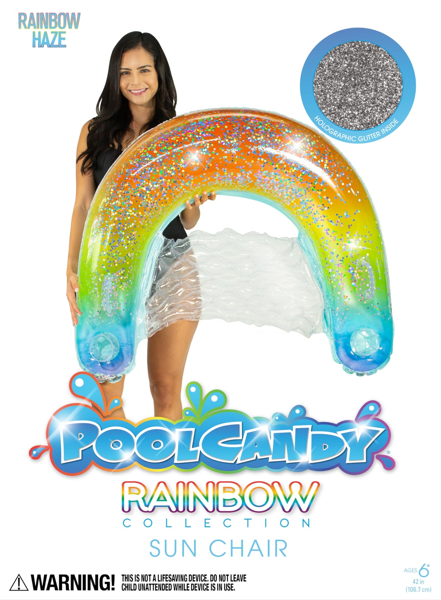 Poolcandy Sun Chair Water Raft, Multiple Chair Styles (Rainbow Haze + Glitter Sun Chair Pool Float)