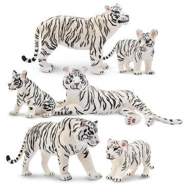 Toymany 6Pcs Realistic White Tigers Figurines With Tiger Cubs, 2-6' Jungle Animals Figures Family Set Includes Baby Tigers, Educational Toy Cake Toppers Christmas Birthday Gift For Kids Toddlers