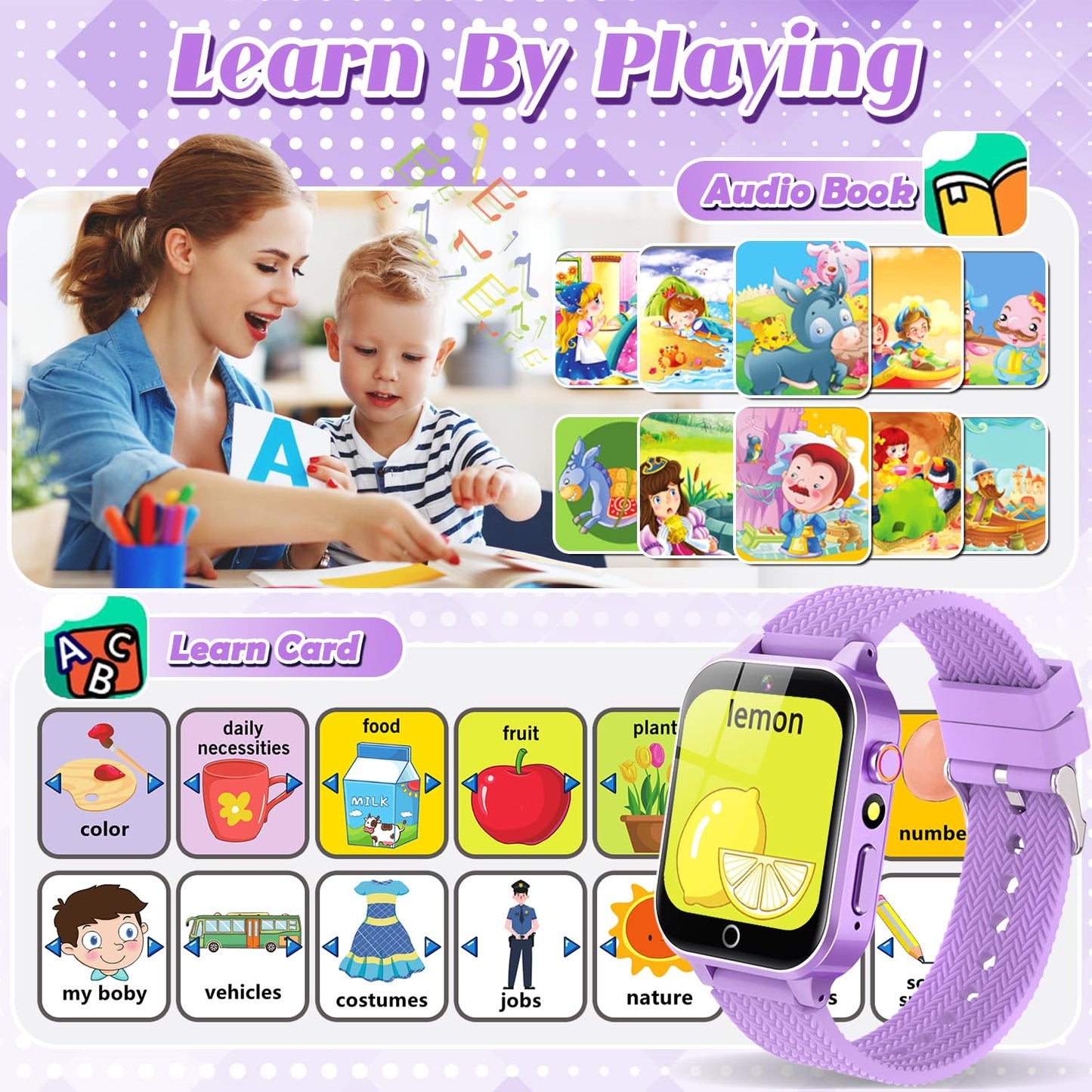 Smart Watch For Kids Girls Age 3-12 With 26 Puzzle Games Hd Video Camera Touchscreen Music Player Learning Cards Storybook Pedom