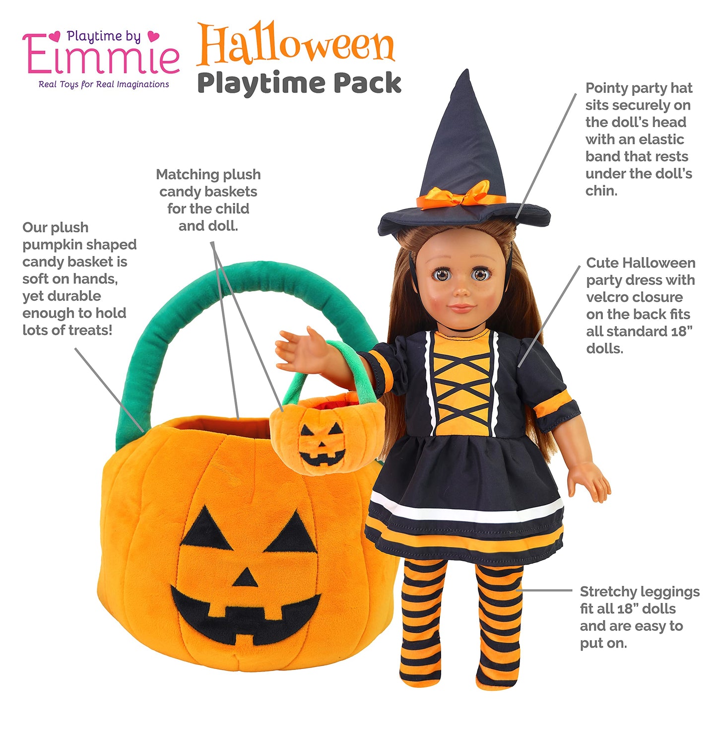 Playtime By Eimmie 18 Inch Doll Clothes And Accessories - Halloween Witch Costume With Hat And Plush Pumpkin - Clothing Sets & Stuff - Fits American, Generation & Similar 18” Dolls For Girls