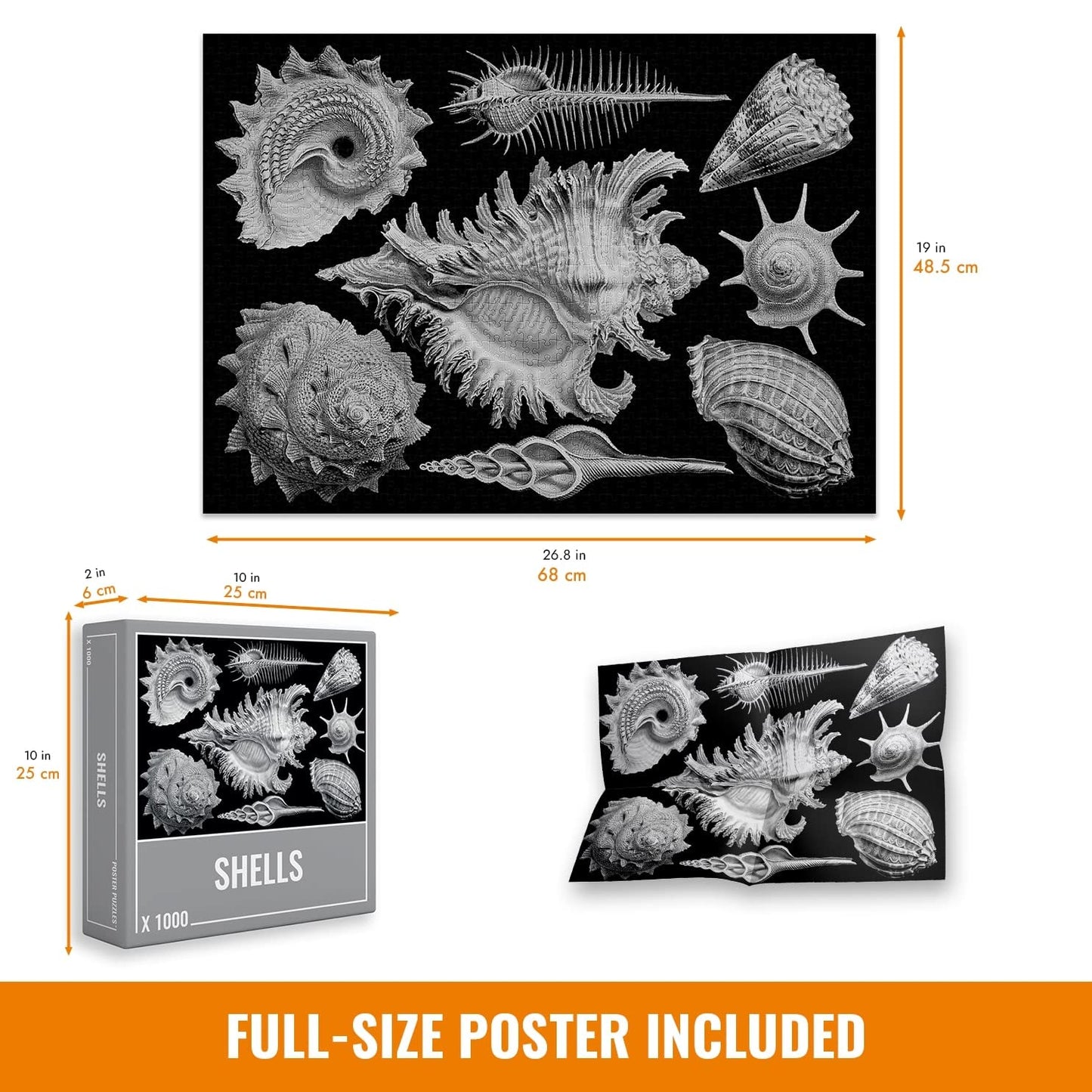 Cloudberries 1000 Piece Shells Puzzle | Hardest Black & White Jigsaw for Adults | Cardboard Material