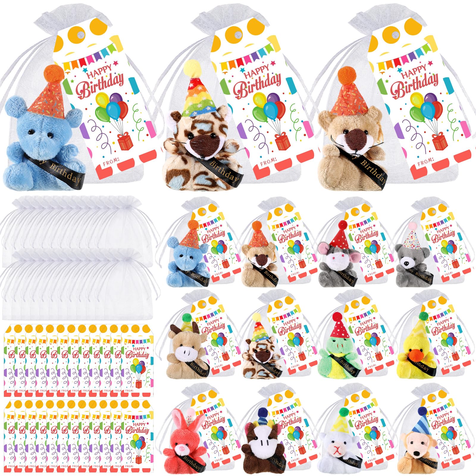 Wiwiqing 24 Set Birthday Mini Stuffed Animals Set Small Birthday Plush Toys Party Favors Soft Tiny Keychain Doll with Hats Gift 
