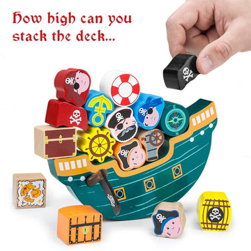 Imagination Generation Wooden Wonders Balancing Playset | Develops Dexterity, Motor Skills, Sharing Skills | Safe Wood & Paint | 18 Pc Pirate Boat Playset