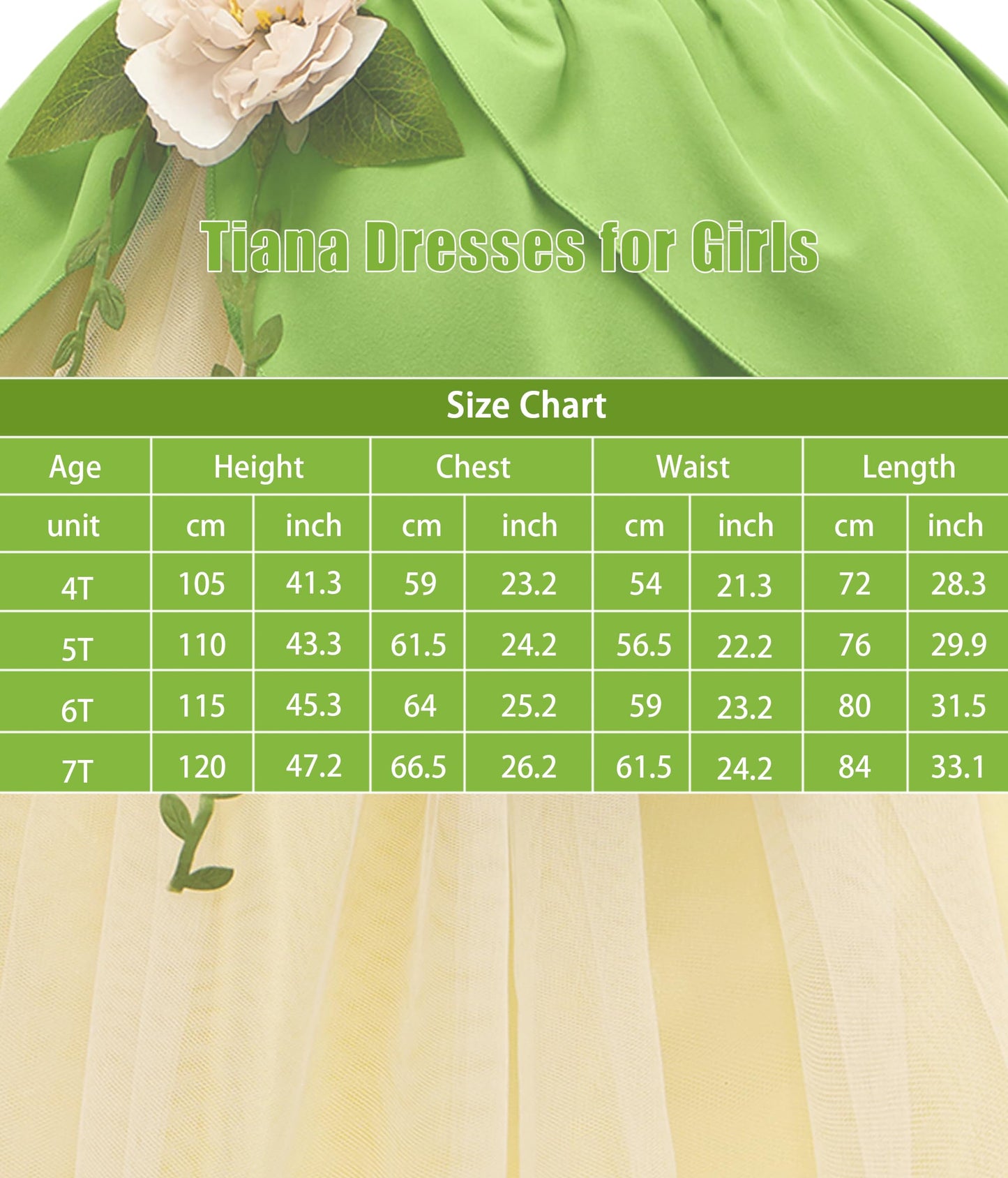 MDYCW Princess Tiana Halloween Costume for Girls, Frog Dress Up Cosplay Birthday Party Outfits