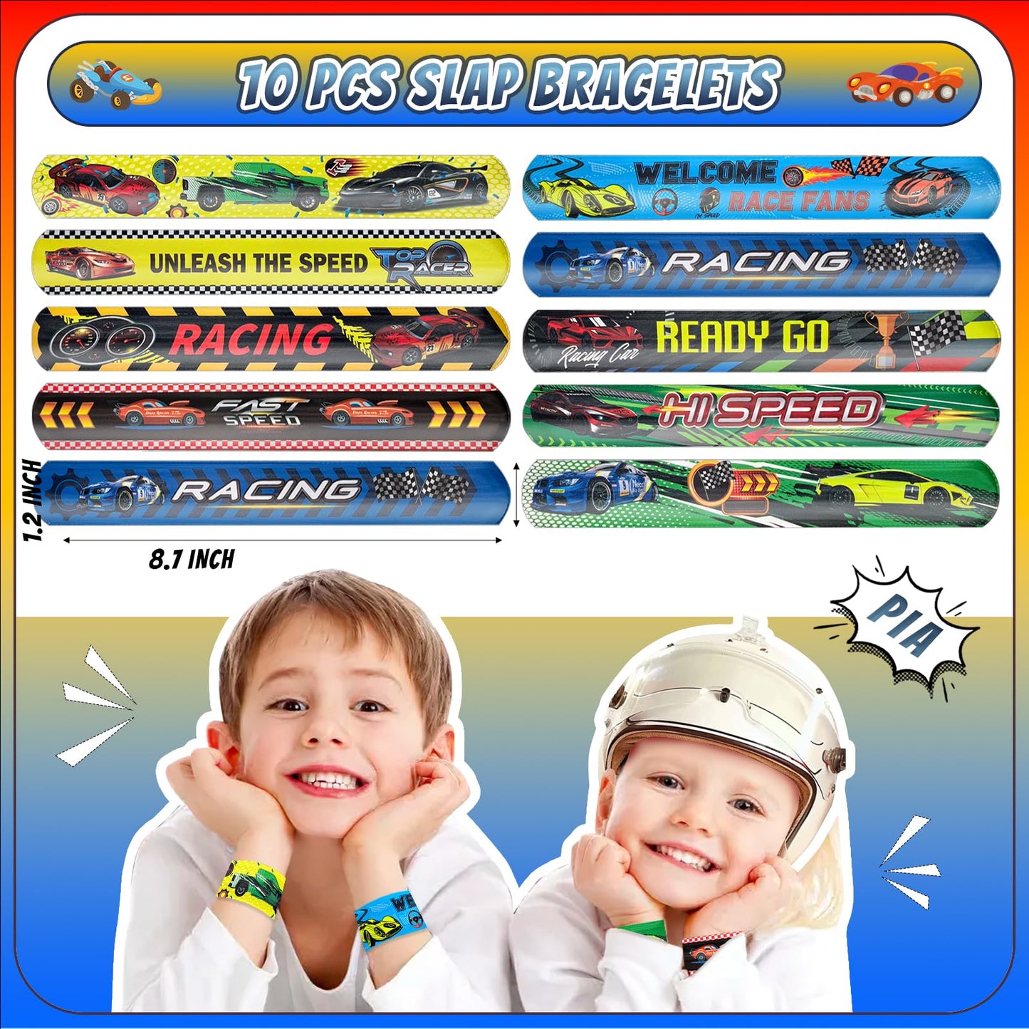 Joyvorite 120 Pcs Race Car Party Favors Set with Keychains Slap Bracelets Tattoo Stickers Wristbands Treat Boxes Treat Bags Stuf