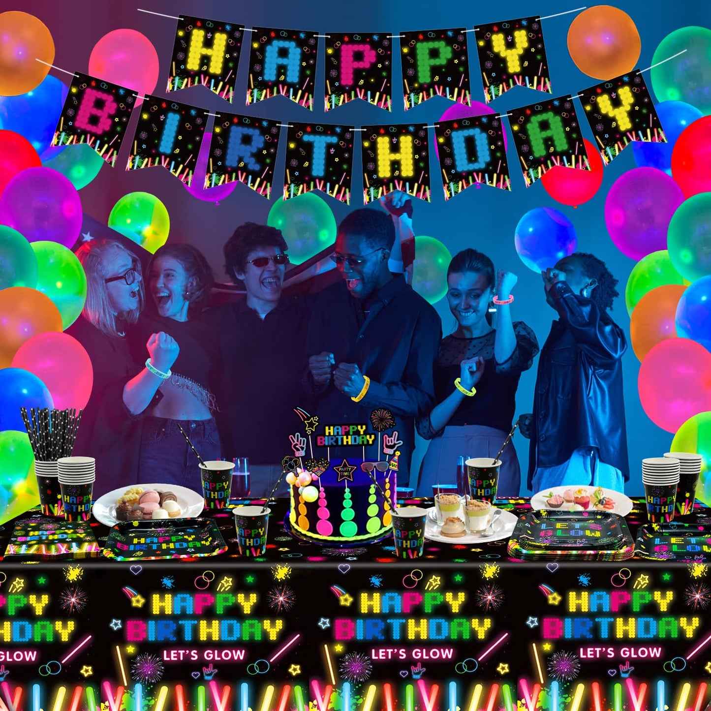 233 Pcs Glow Neon Party Supplies Neon Glow Tableware Set Neon Balloons Glow In The Dark Birthday Banner Cake Toppers For Blackli