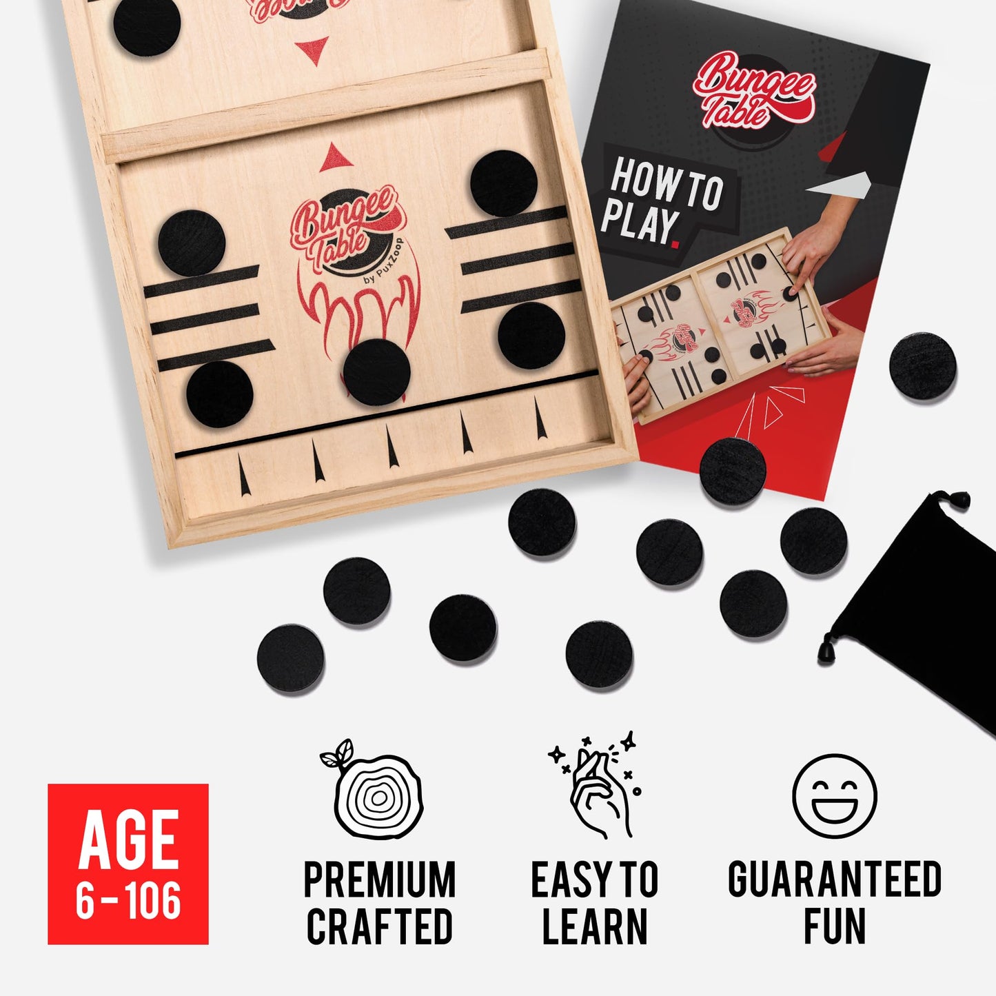 Bungee Table Fast Sling Puck Game - Small Size - Test Your Speed And Accuracy With This Fast-Paced Wooden Air Hockey Board Game