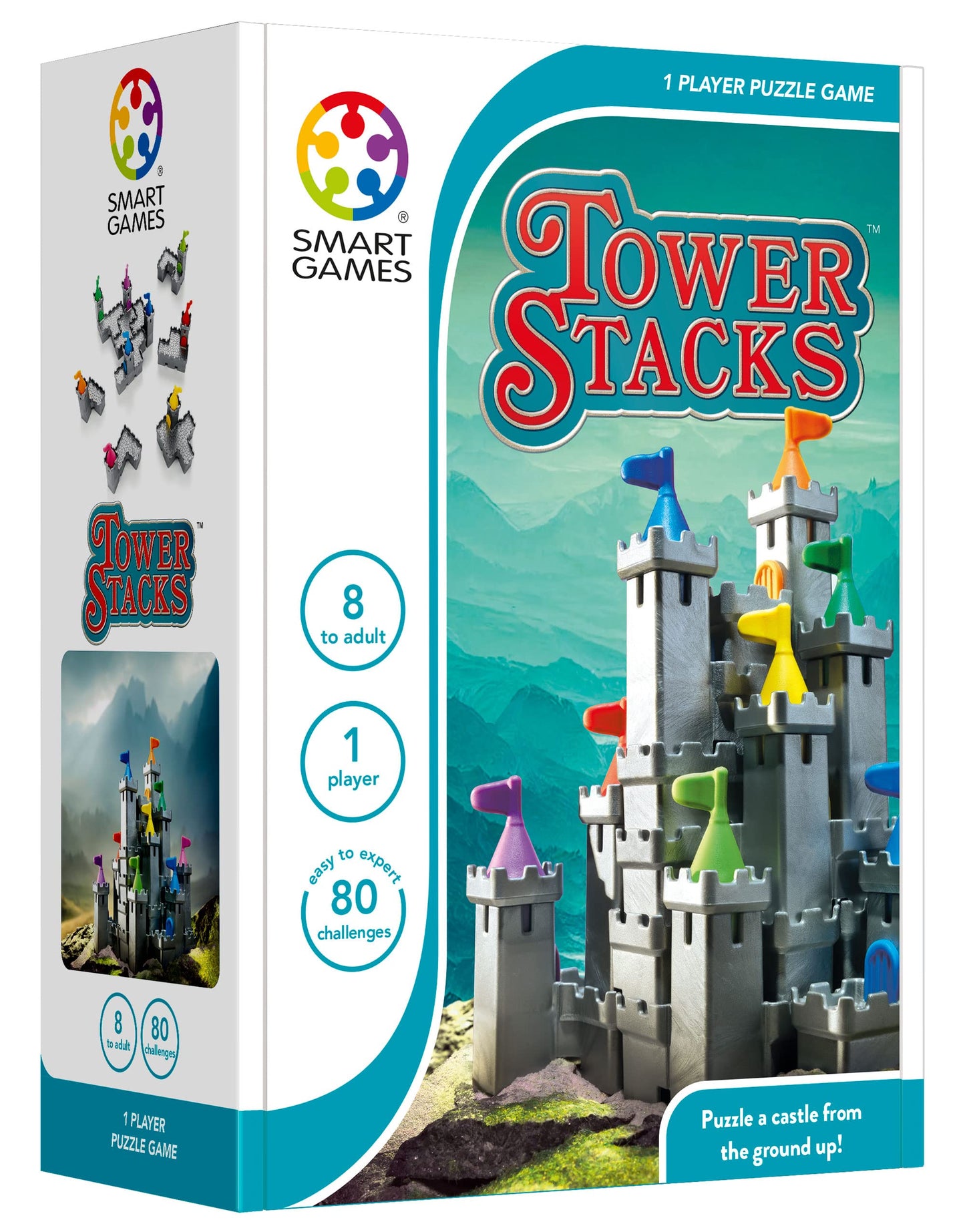 SmartGames Tower Stacks 3D Logic Puzzle Game, 80 Challenges, Multicolor, Plastic, 24 cm x 9 cm x 17 cm, Ages 7+
