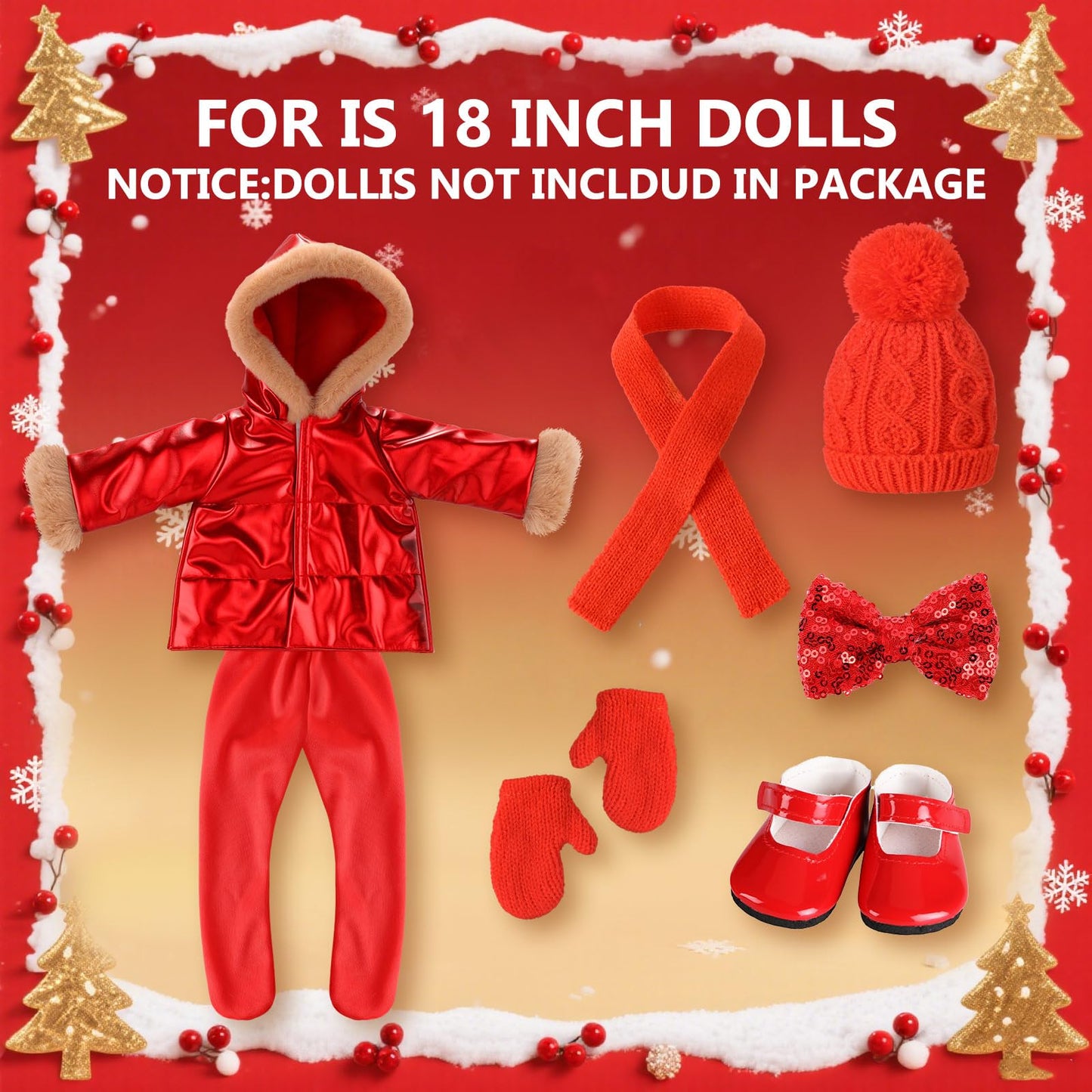 Kajaia 8 Pcs Red Winter Doll Clothes 18 Inch Doll Clothes and Accessories Dress Shoes Hat Outfit Winter Accessories for 18 Inch