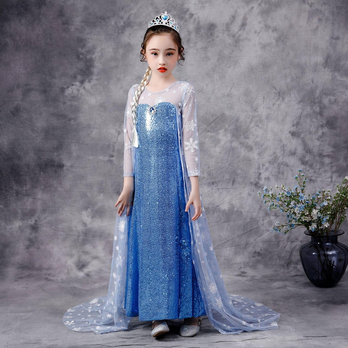 Sototoo Elsa Costume Long Sleeves Princess Dress Queen White Costume Cosplay Dress Up With Accessories Halloween (Navy,10-12Year