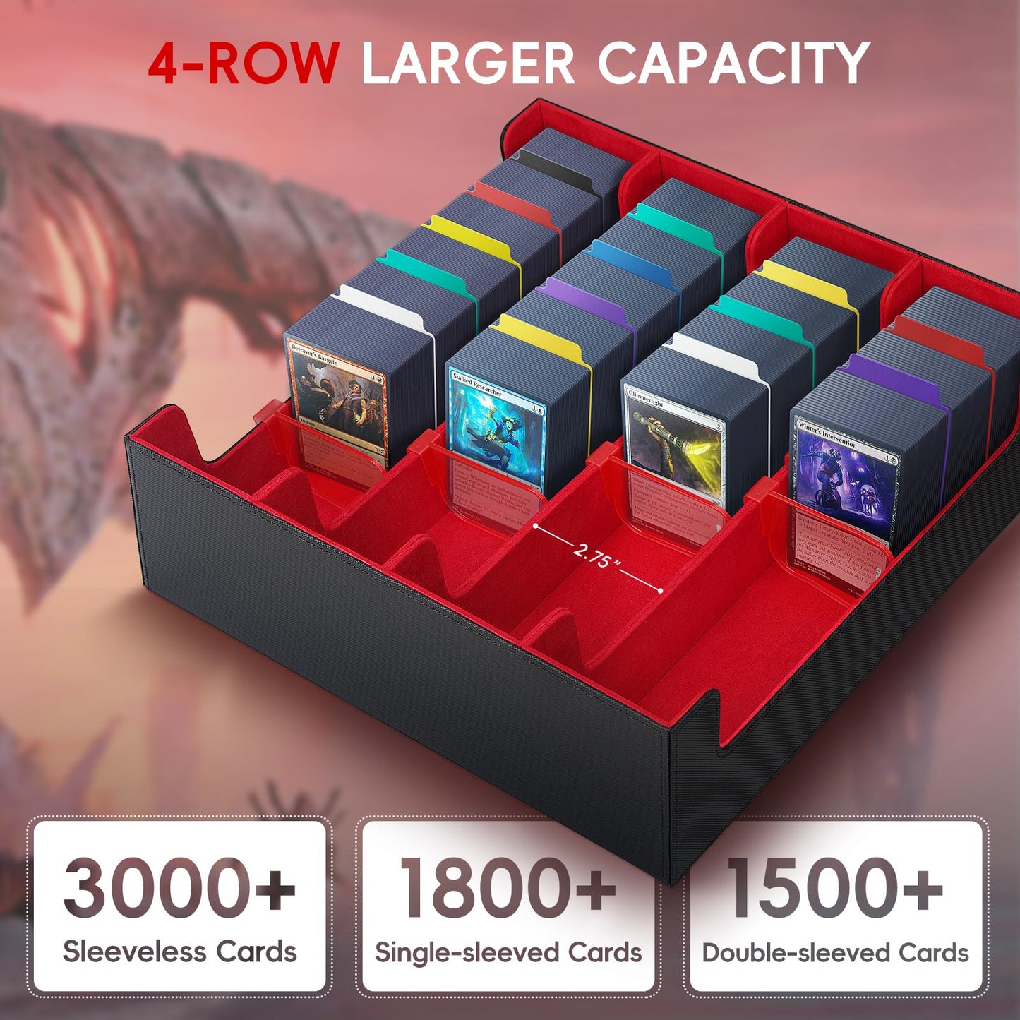 Railhorn Trading Card Storage Box - Holds 3000+ Cards  PU Leather Commander Deck Box with Magnetic Closure  24 Dividers & 4 Card Supports  4-Row Organizer for MTG  PTG  Sports Cards