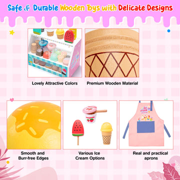 Meland Ice Cream Toy - Wooden Ice Cream Play Set With Aprons, Kids Toys For Toddlers Pretend Play, Toys For Girls Boys 3 4 5 6 7