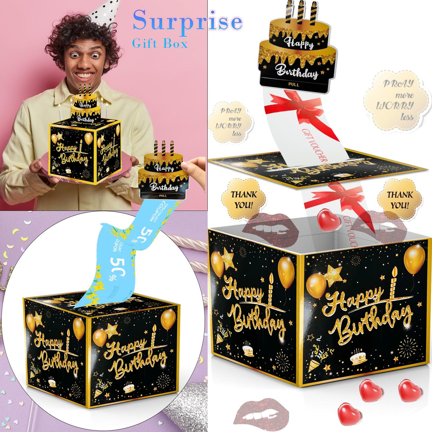 Birthday Money Box For Cash Gift Pull, Surprise Money Roll Gift Box With Pull Out Card And 30 Transparent Bags Diy Set, Funny Wa