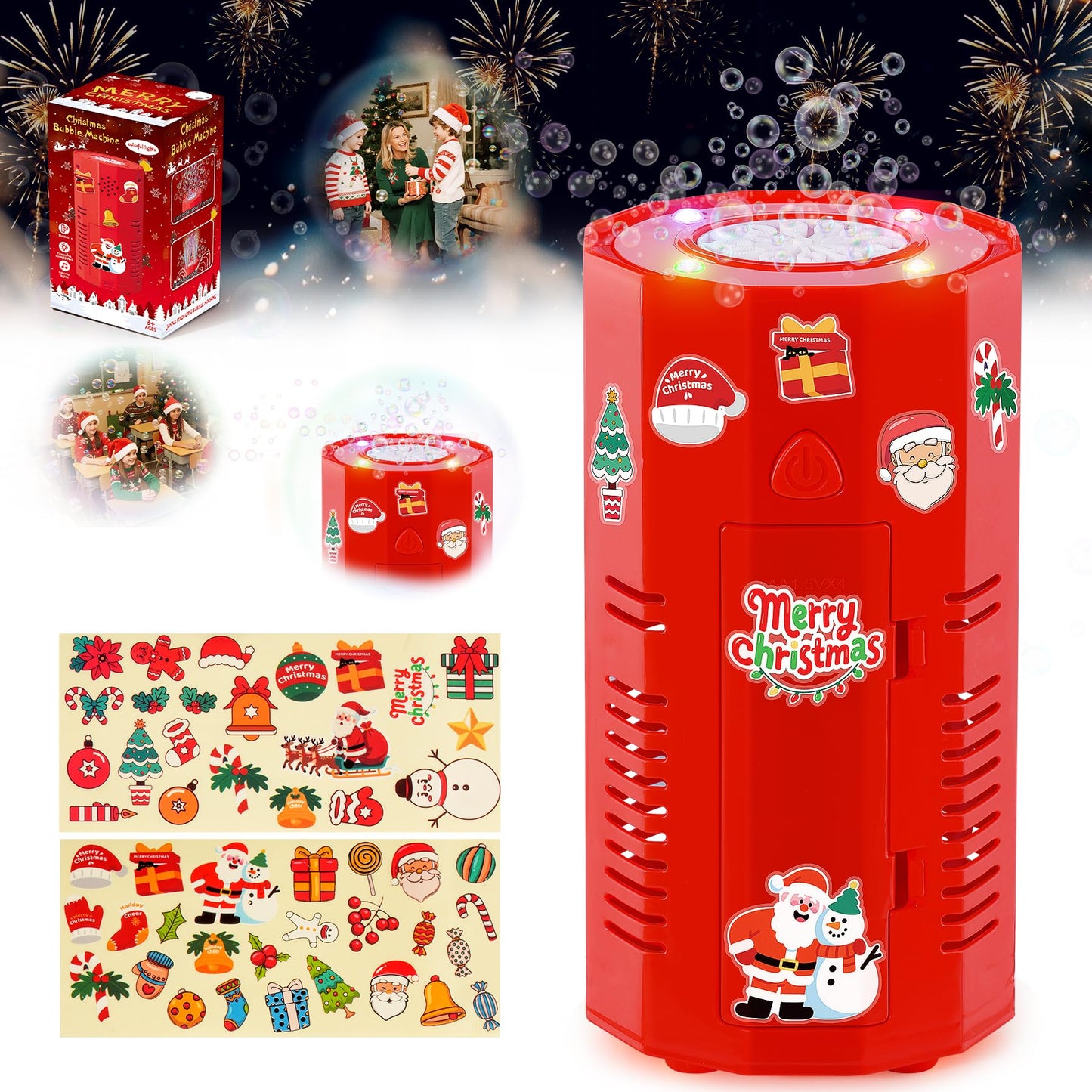  Bubble Machine with Lights and 2 DIY Stickers Christmas Sound Effects Rainbow Bubbles Christmas Toys Stocking Stuffers Gifts for Kids & mature-themeds