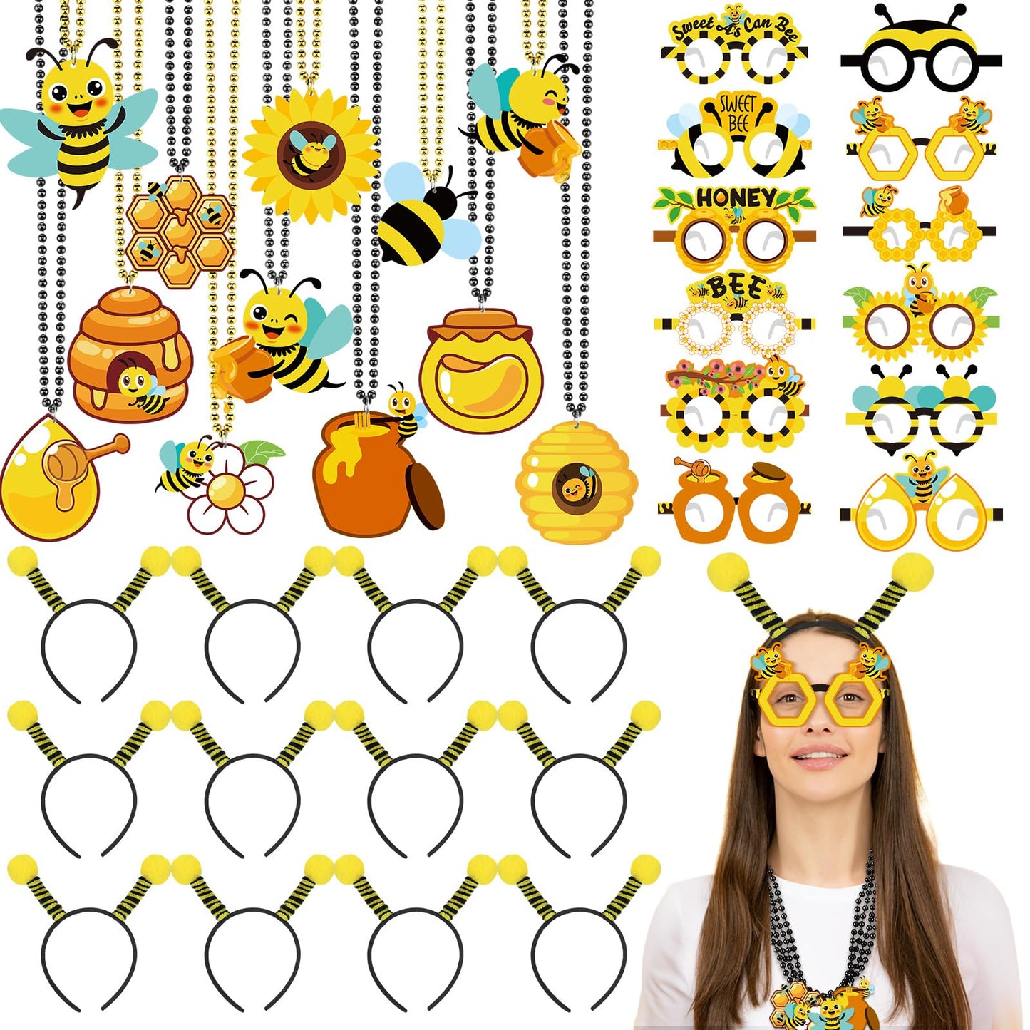 Kingdder 36 Pcs Bee Party Supplies 12 Bee Honeycomb Sunflower Beaded Necklaces 12 Headbands 12 Touchdown Paper Glasses Prop Acce