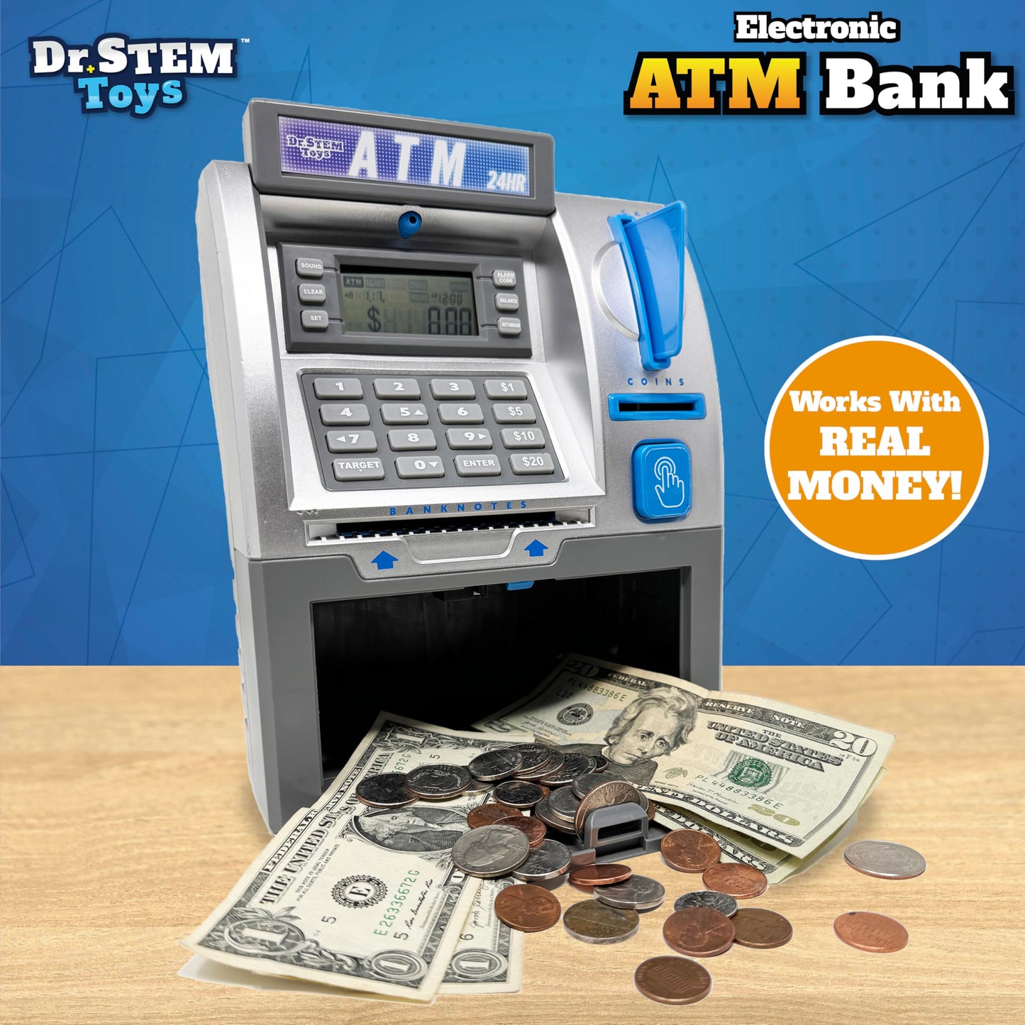 Dr. STEM Toys Kids ATM Savings Bank - Electronic Piggy Bank, Coin Counter, LCD, Medium, Gray, Model D100