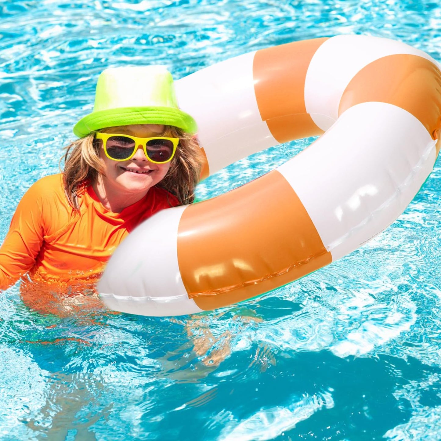Whaline Inflatable Swimming Float Toy - 4Pcs Striped Swim Ring Pool Lounger Tube, 22.8 Inch, Orange, Fun Print for Summer Beach Party