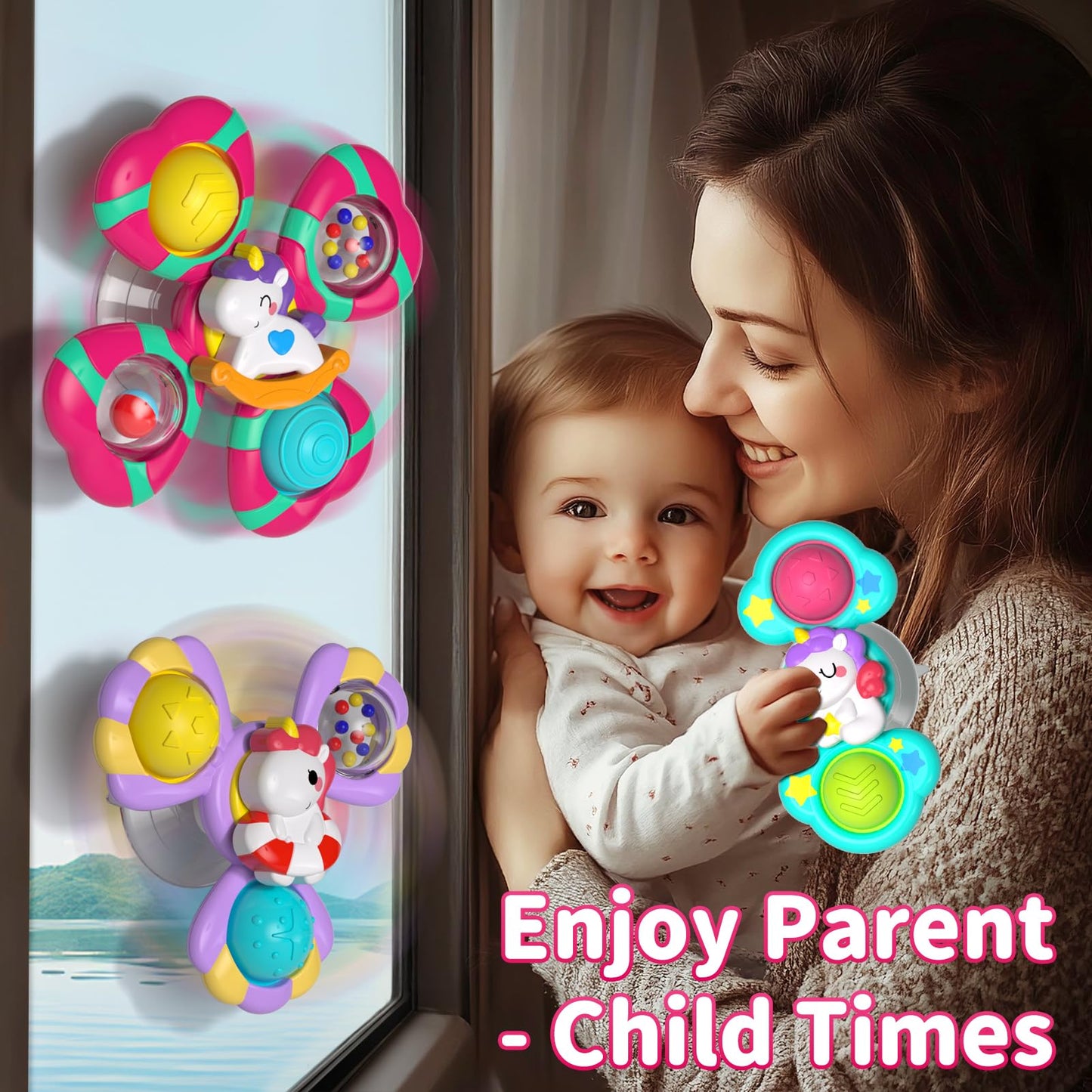 Usrela 3PCS Pop up Suction Cup Spinner Toys for 1 Year Old Girl Boy, Toddler Toys Ages 1-3, Spinning Tops Sensory Baby Bath Toy