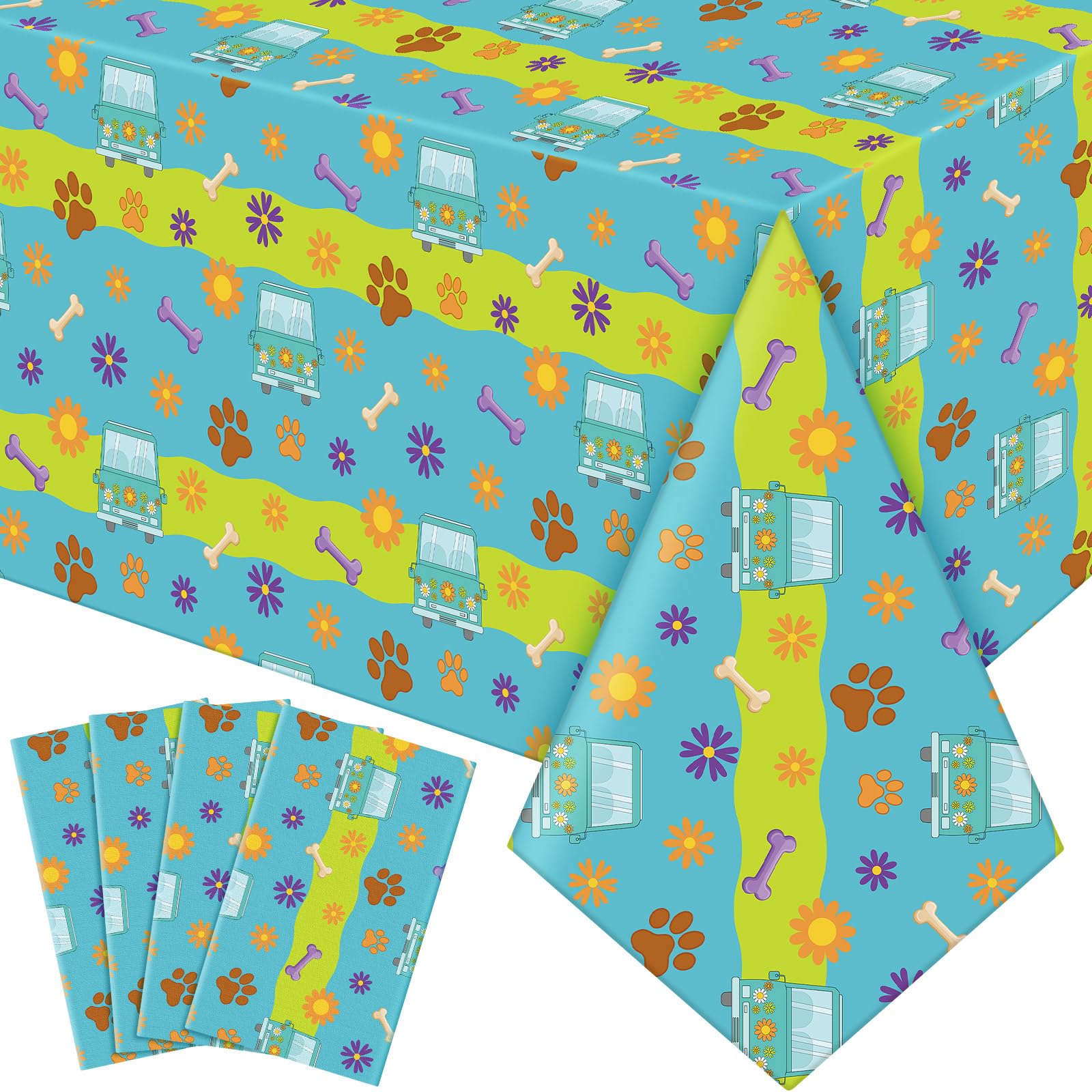 MotiMind 4 Pcs Mysterious Dog Party Supplies Christmas Cartoon Car Hippie Tablecloth Disposable Paw Table Cover Waterproof Daisy